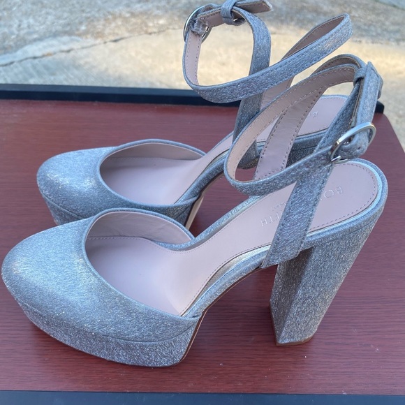 Born Fifth Antonio Melani Silver Glitter Block Heel Platform Heels Shoes 6M - Picture 1 of 4